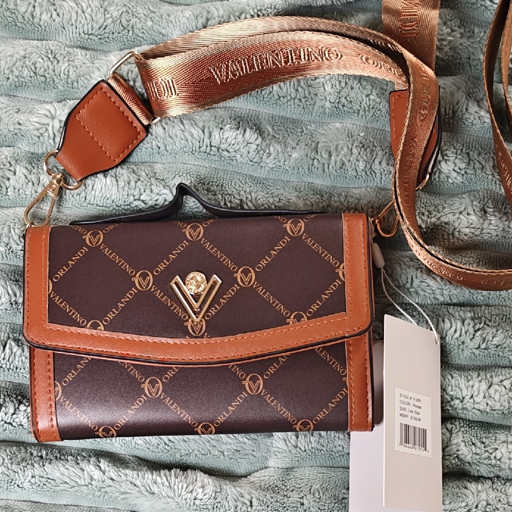 Valentino Orlandi Brown & Tan Logo Crossbody with Gold Accent